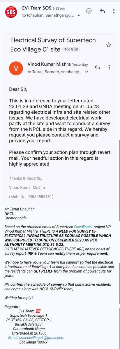 Ecovillage1sos's tweet photo. @npclgrnoida @npclgrnoida Request mail has been sent by SUPERTECH management to Mr. Tarun Chauhan on behalf of ECOVILLAGE1 for an ELECTRICAL INFRASTRUCTURE SURVEY. Please confirm the date and time of the survey. @IAS_SAUMYA @dmgbnagar https://t.co/y8apTxoLMG