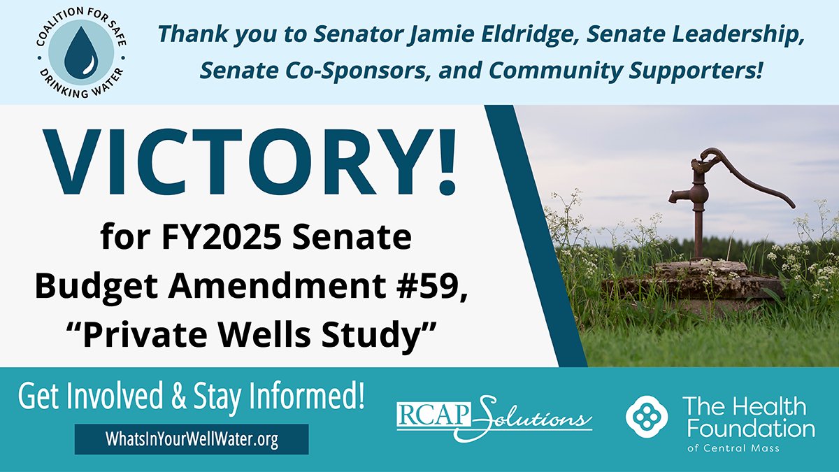 RCAP_Solutions's tweet photo. Exciting news – the MA Senate PASSED @JamieEldridgeMA's Amendment #59, "Private Wells Study", to the FY25 Budget! ✔️

This amendment will provide $100,000 to @MassDEP to conduct a study for a program to ensure that drinking water from private wells is safe.

#WhatsInYourWellWater https://t.co/uBS3nSHy54