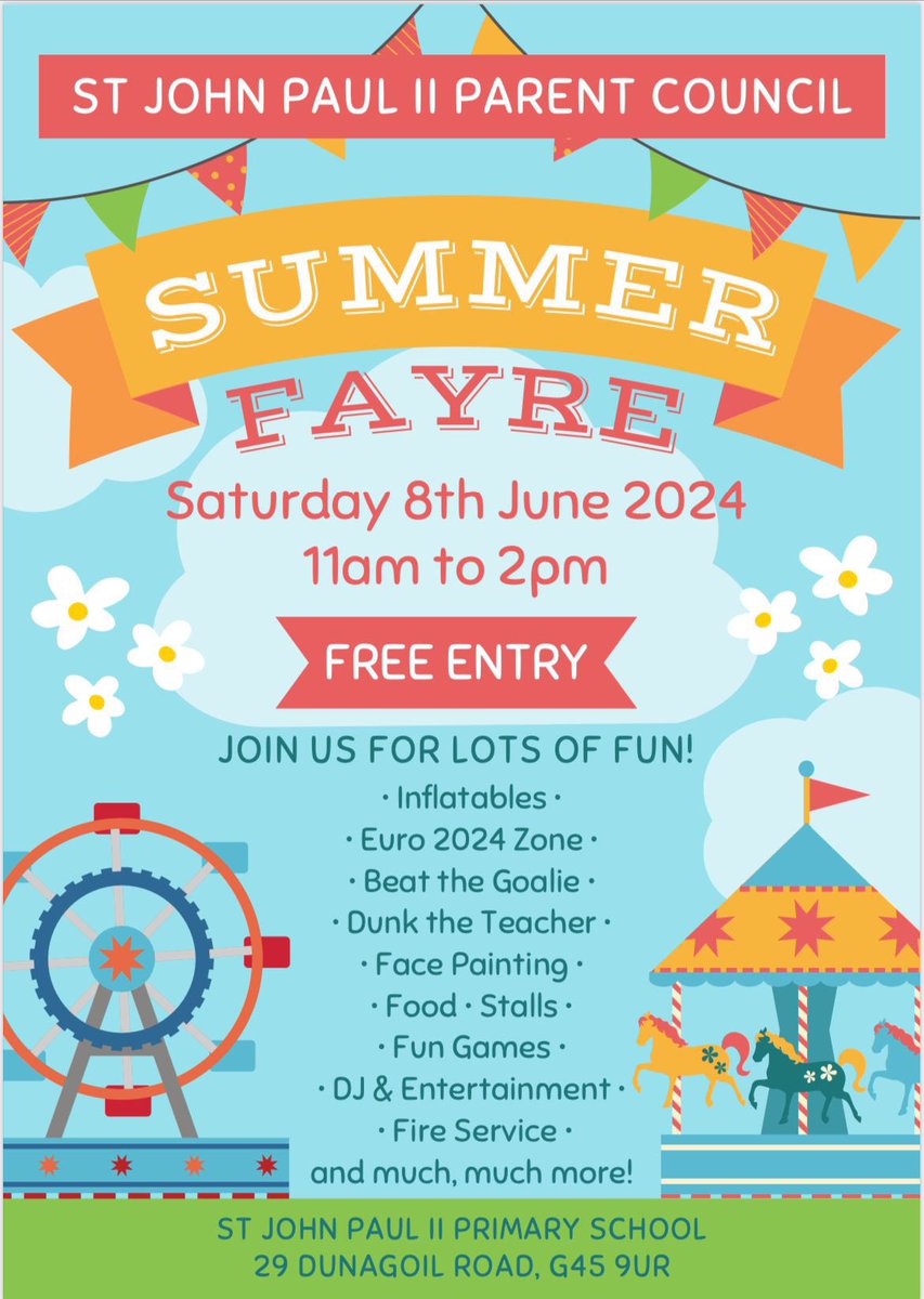 StJohnPaulGCC's tweet photo. 📆 A reminder that our Summer Fayre is taking place on Saturday 8th of June from 11am to 2pm. Thank you for contributing to our fundraising events. All proceeds are funding the Fayre attractions 🌞 we look forward to seeing you there! https://t.co/YTDMebvNcC