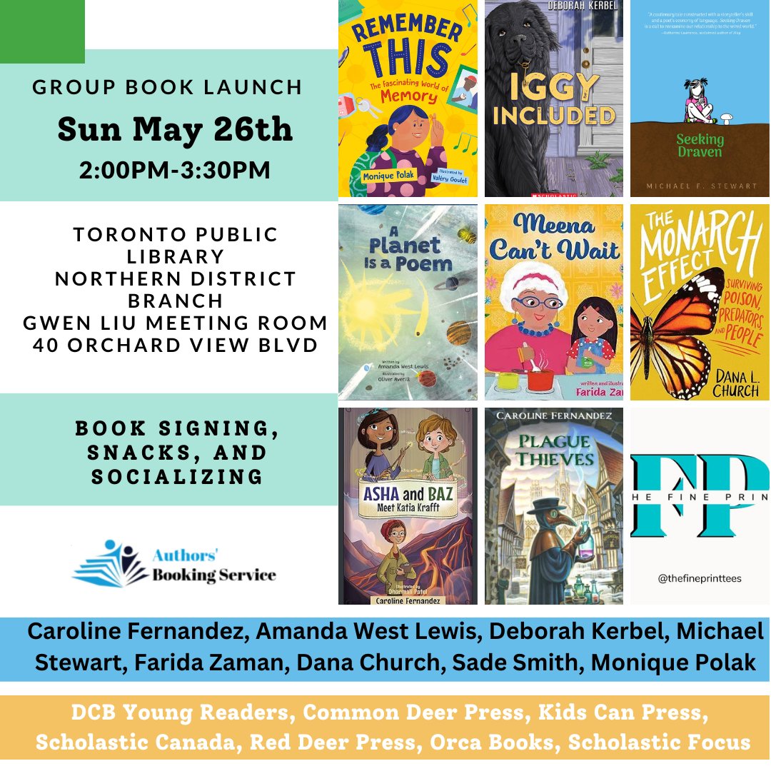 Toronto friends! Hanging loose this Sunday? Come join me and my friends <a href="/torontolibrary/">Toronto Public Library</a> for our launches! 
<a href="/monique_polak/">Monique Polak</a> @parentclub @AmandaWestLewis
<a href="/DeborahKerbel/">Deborah Kerbel</a> <a href="/fzamanart/">farida zaman</a> @DanaLChurch @stc_smith <a href="/cormorantbooks/">Cormorant Books</a> <a href="/commondeerpress/">Common Deer Press</a>
<a href="/KidsCanPress/">kidscanpress</a> <a href="/orcabook/">Orca Book Publishers</a> <a href="/RedDeerPress/">Red Deer Press</a>
