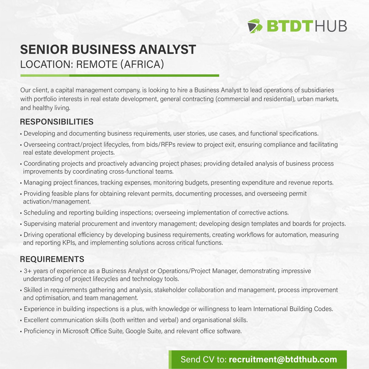 Vacancy Role: Senior Business Analyst Location: Remote Requirement: African Resident with 3+ years of experience as a Business Analyst or Operations/Project Manager Qualified? Send your CV to RECRUITMENT@BTDTHUB.COM #BTDTHub