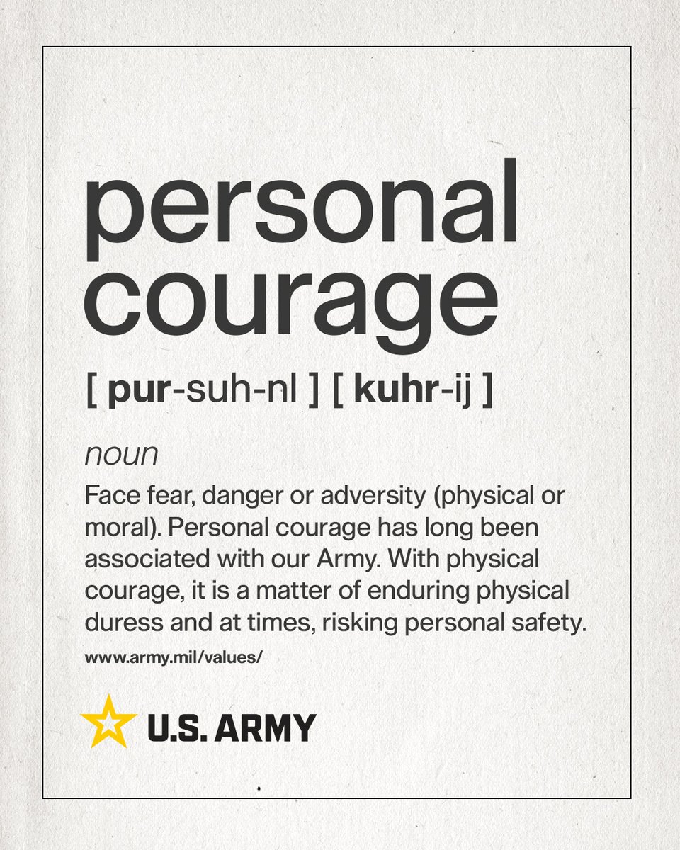 USArmy's tweet image. #WednesdayWisdom: Face fear, danger or adversity.

Personal courage is closely linked with the #USArmy, involving enduring physical challenges and sometimes risking personal safety.

🇺🇸 Learn more about #ArmyValues at army.mil/values