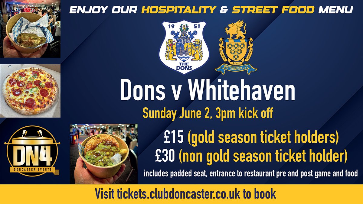 🍲 | Matchday hospitality for just £3⃣0⃣. Dons 🆚 @OfficialHavenRl Enjoy our delicious one course street food menu, a match ticket and access to the restaurant. Find out more bit.ly/4bjpmRX Book now bit.ly/3g3u231 Deadline: Wednesday May 29, 5pm #COYD