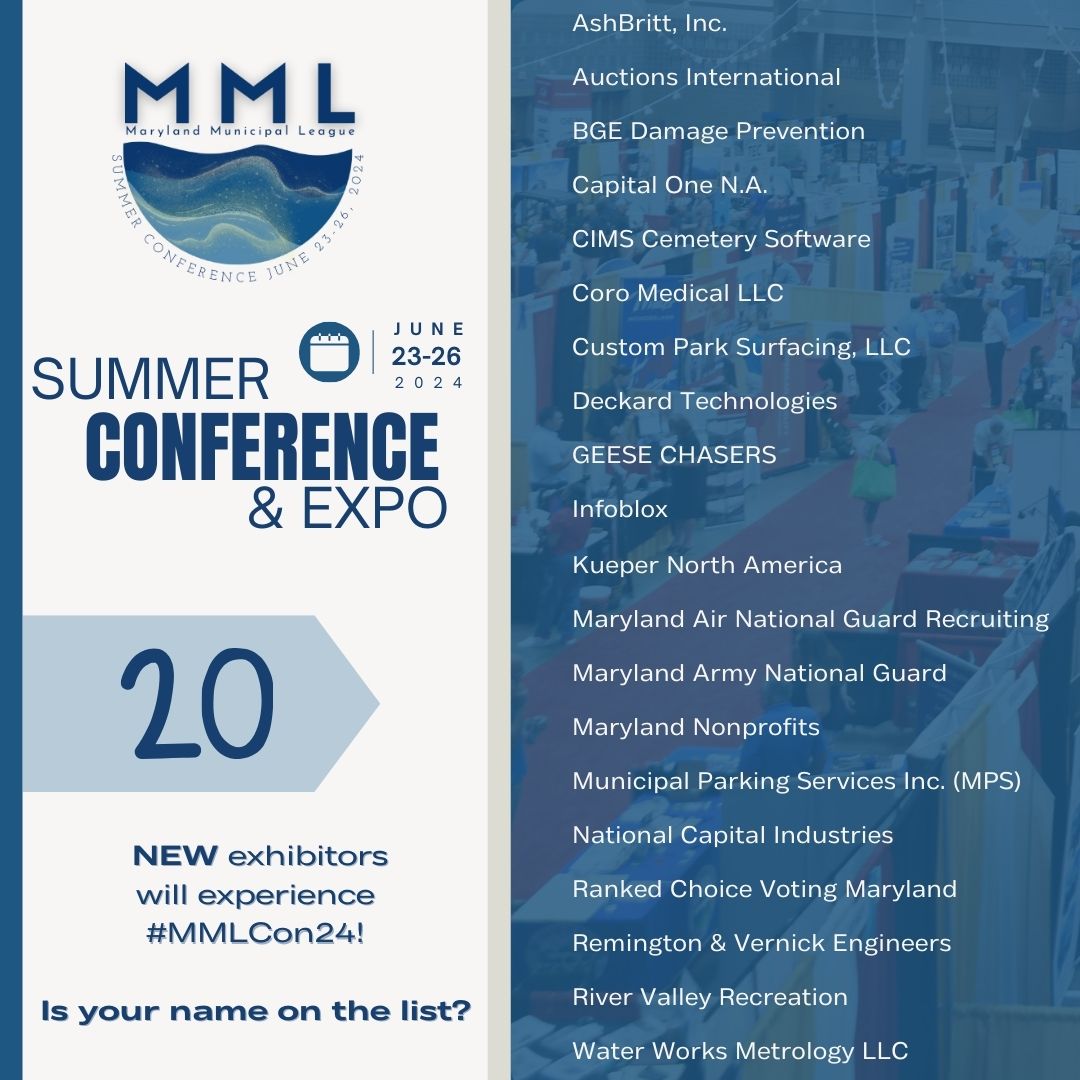 MDMunicipal's tweet image. #MMLCon24 is thrilled to welcome 20 new exhibitors! Don’t be left out—purchase a booth today and start a conversation with 160 local governments in Maryland. 🌟 bit.ly/mmlexhibits #ExhibitWithUs #NetworkingOpportunity  #exhibit