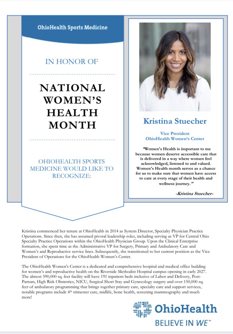 OhioHealth SportsMed (@ohsportsmed) on Twitter photo 🎉 Celebrating National Women's Health Month! 🌟 Shining the spotlight on Kristina Stuecher, VP of <a href="/OhioHealth/">OhioHealth</a> Women's Center, for her dedication to empowering women's health! 💪 #NationalWomensHealthMonth #WomensHealth #GiveEmHealth 🎉 Celebrating National Women's Health Month! 🌟 Shining the spotlight on Kristina Stuecher, VP of <a href="/OhioHealth/">OhioHealth</a> Women's Center, for her dedication to empowering women's health! 💪 #NationalWomensHealthMonth #WomensHealth #GiveEmHealth