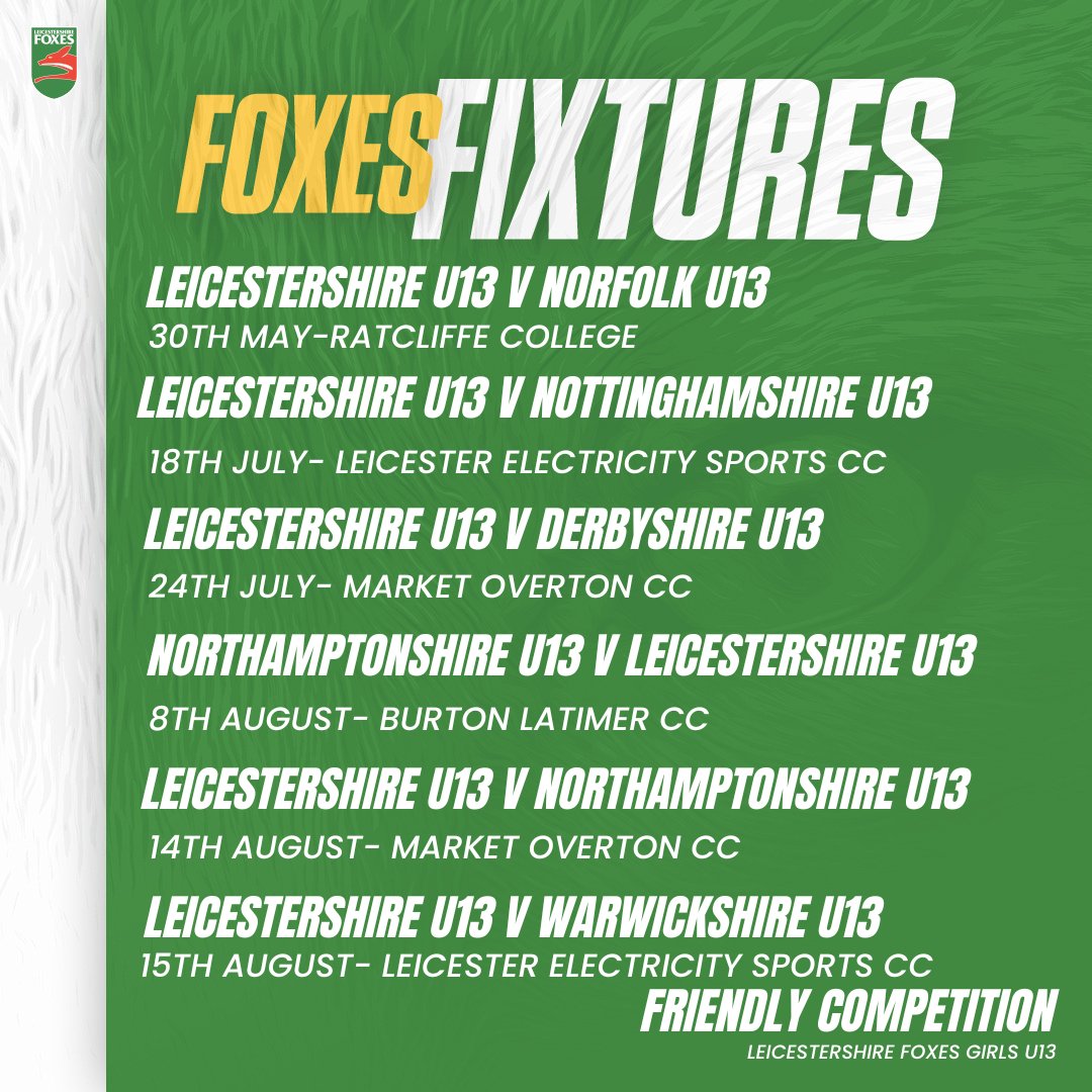u13s Fixtures U13s kick off there season @RatcliffeColl on Thursday 30th May against @NorfolkCB #LCCCGirls #WeGotGame #HerGameToo #foxes 🦊