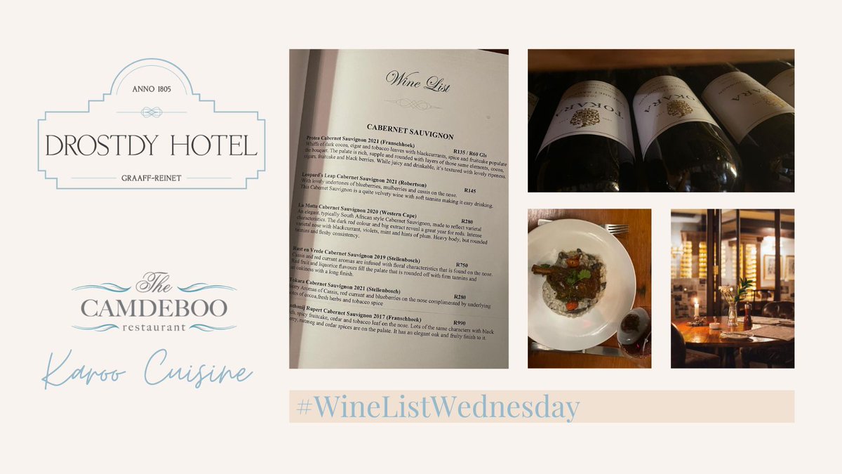 Not much pairs better with Karoo Lamb than a #StellenboschCabernet. When visiting Graaff-Reinet, the @DrostdyHotelGR is the very place to experience the essence of the Karoo’s flavours and hospitality along with our signature grape variety, #CabernetSauvignon. #WineListWednesday