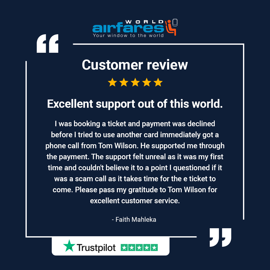 Have faith in us and we'll make sure you get the perfect start to your journey. At World Airfares, our flight specialists always go above and beyond the usual. ✈️ 🧳

#travel #flights #cheapflights #truspilot #reviews #customerfeedback #bookwithconfidence #happycustomers