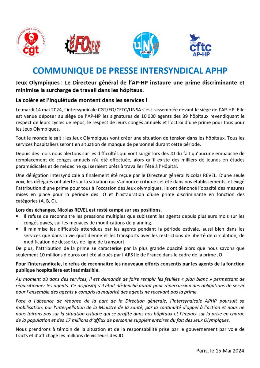 Communiqué de presse intersyndical Jeux Olympiques : Le Directeur général de #APHP instaure une prime discriminante et minimise la surcharge de travail dans les hôpitaux. 'CGT #cgtenlutte #JOP2024 #Paris2024 #JO2024