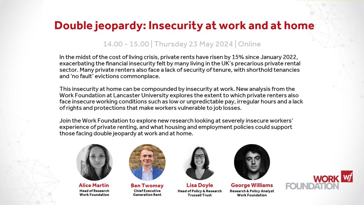🚨Join us tomorrow at 2pm as we explore new research looking at severely insecure workers' experience of private renting, and what housing and employment policies could support those facing double jeopardy at work and at home. ⬇️ 🎟️eventbrite.co.uk/e/double-jeopa… @AlicePMartin