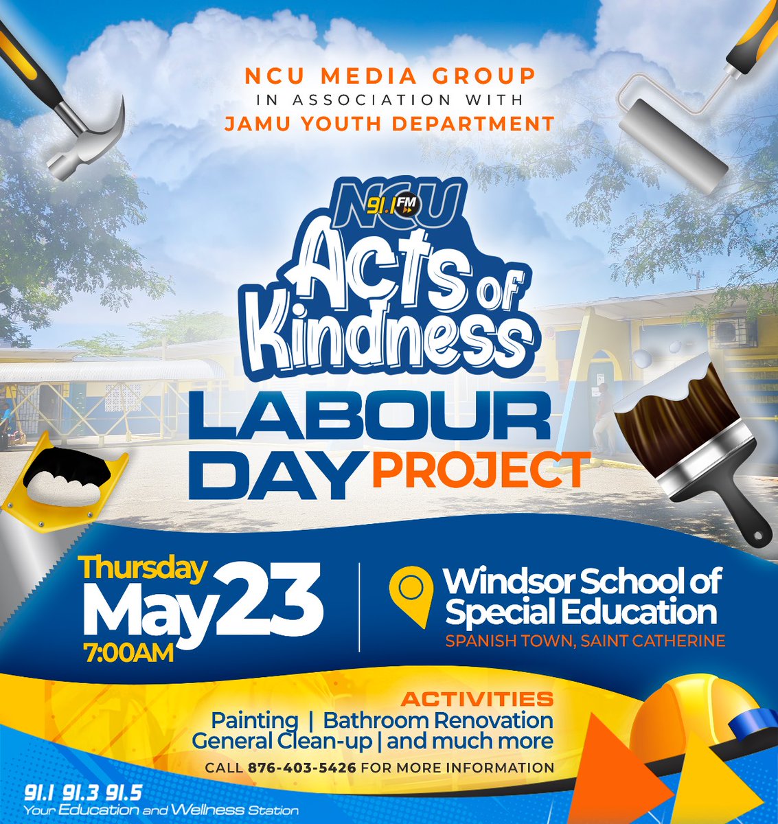 NCU91FM's tweet photo. The NCU91FM team will be rolling up our sleeves this labour day for our Act of Kindness project at Windsor School of Special Education.
π Call 876-403-5426 if you would like to join us.
#LabourDay #ActOfKindness #Volunteer #actsofkindnesstour #ncu91fm #childsmonth https://t.co/hhMpHxswcs