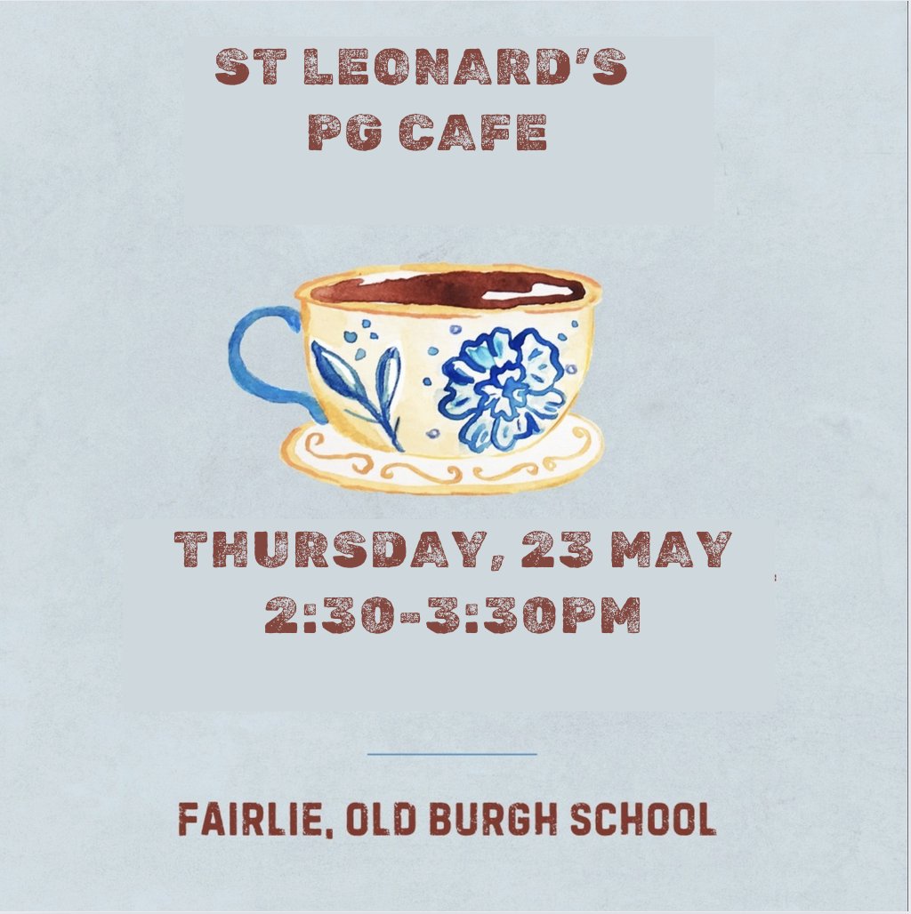 Join us tomorrow for our weekly PG Café! We'll be in the Fairlie Social Area of the Old Burgh School from 2.30-3.30pm. Come socialise with your fellow PGs! Tea/coffee/biscuits provided!