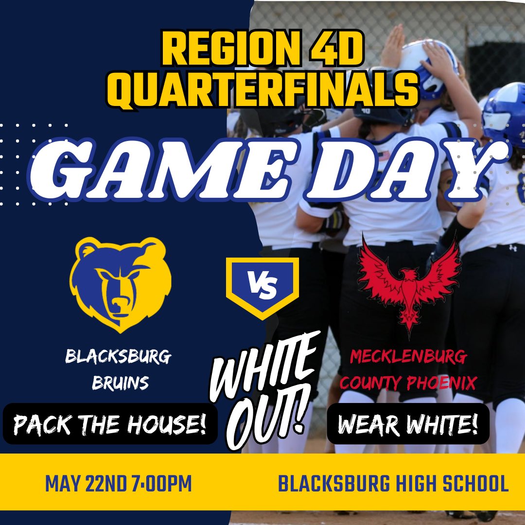 Game Day!

🆚 Mecklenburg County Phoenix 
📍Blacksburg High School
📆 May 22nd
⏰ 7:00pm
⚪️White Out (Wear White)
🎉 Region Quarterfinals 

#blacksburgsoftball #gobruins🐻 #gameday #regionquarterfinals #whiteout