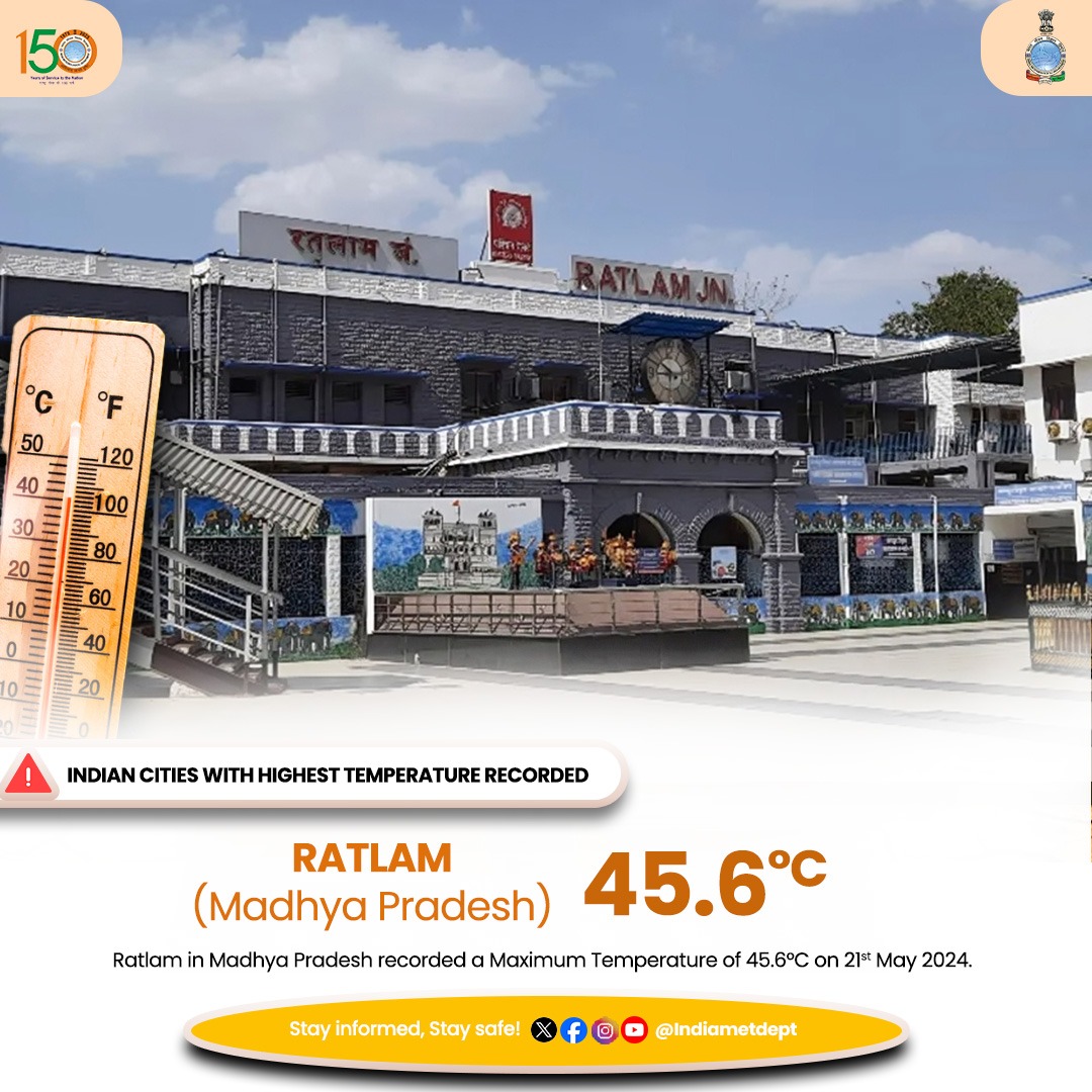 Ratlam in Madhya Pradesh recorded a Maximum Temperature of 45.6°C on 21st May 2024 #heatwave #heatwavealert #weatherupdate #ratlam #ratlamweather #madhyapradeshweather @moesgoi @DDNewslive @ndmaindia @airnewsalerts