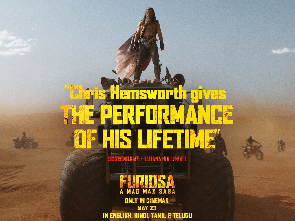 The verdict is out! Dive into the chaos and mayhem of 'Furiosa: A Mad Max Saga' releasing in cinemas on May 23.​

In English, Hindi, Tamil & Telugu. Also, in IMAX.

Book your tickets now: bookmy.show/Furiosa

#WarnerBrosIndia #Furiosa #MadMax #AnyaTaylorJoy #ChrisHemsworth