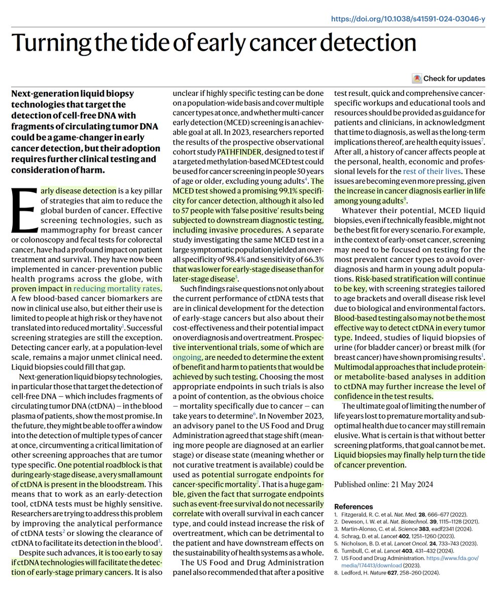 Good critique of multi-cancer early detection tests, liquid biopsy @NatureMedicine editorial nature.com/articles/s4159…