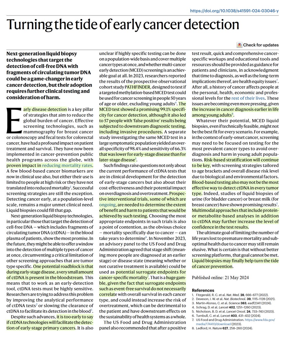 Eric Topol (@erictopol) on Twitter photo Good critique of multi-cancer early detection tests, liquid biopsy <a href="/NatureMedicine/">Nature Medicine</a> editorial
nature.com/articles/s4159… Good critique of multi-cancer early detection tests, liquid biopsy <a href="/NatureMedicine/">Nature Medicine</a> editorial
nature.com/articles/s4159…