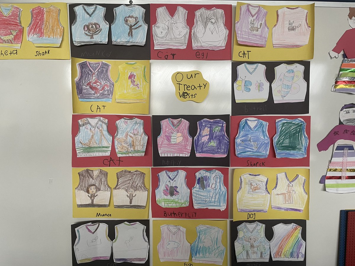 we explored and learned about Treaty vests together. We learned that people can wear their vests to celebrate their culture! We learned about the symbols on the vests. We noticed many vests included animals. Then, we thought about what animals we identified with. #treatyeducation