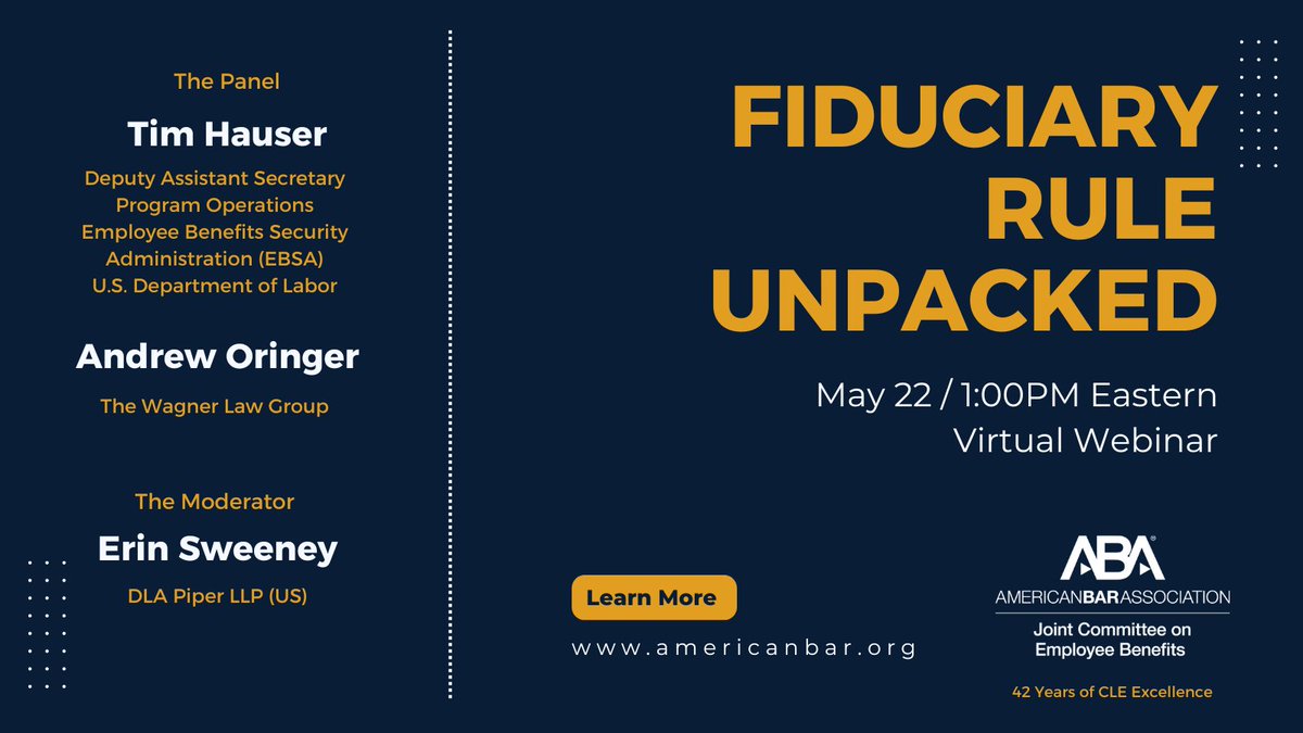 ABAJCEB's tweet image. Today 1pm ET - a topical, no holds barred, hot-off-the-press discussion exclusively @ABAJCEB with Tim Hauser, the career deputy responsible for the latest iteration of the #fiduciary rule.   

Register Now: tinyurl.com/44parxw6 #ERISA #investment #employeebenefits