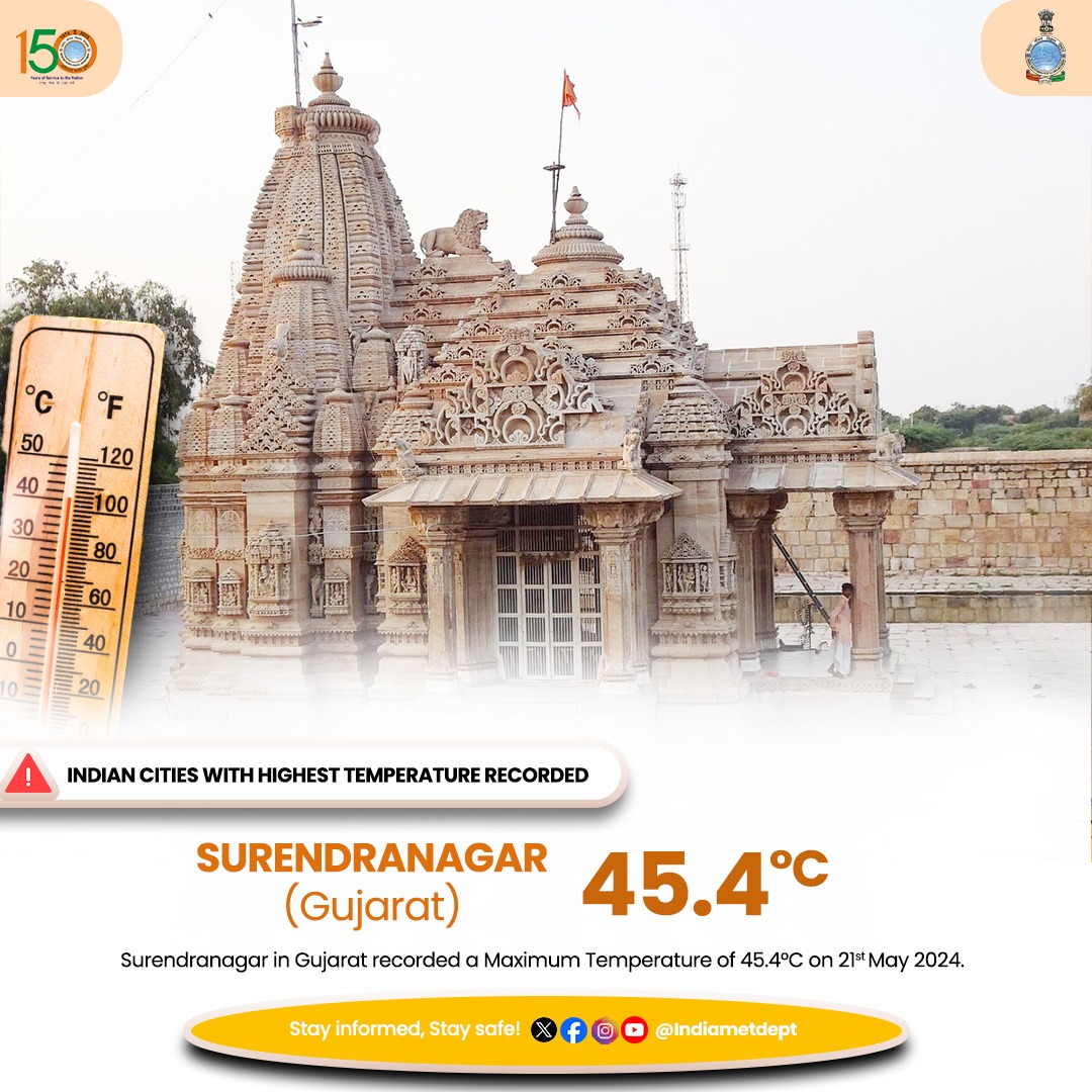 Surendranagar in Gujarat recorded a Maximum Temperature of 45.4°C on 21st May 2024 #heatwave #heatwavealert #weatherupdate #surendranagar #Gujarat #Gujaratweather @moesgoi @DDNewslive @ndmaindia @airnewsalerts