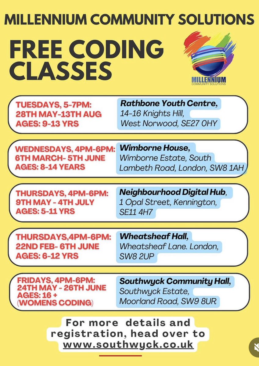 Great Opportunity for Young People to Learn Coding for Free!

Millennium Community Solutions offers free coding classes at various Lambeth locations. Don't miss this chance to gain essential skills.

For more info and registration, visit: southwyck.co.uk

#codingforkids