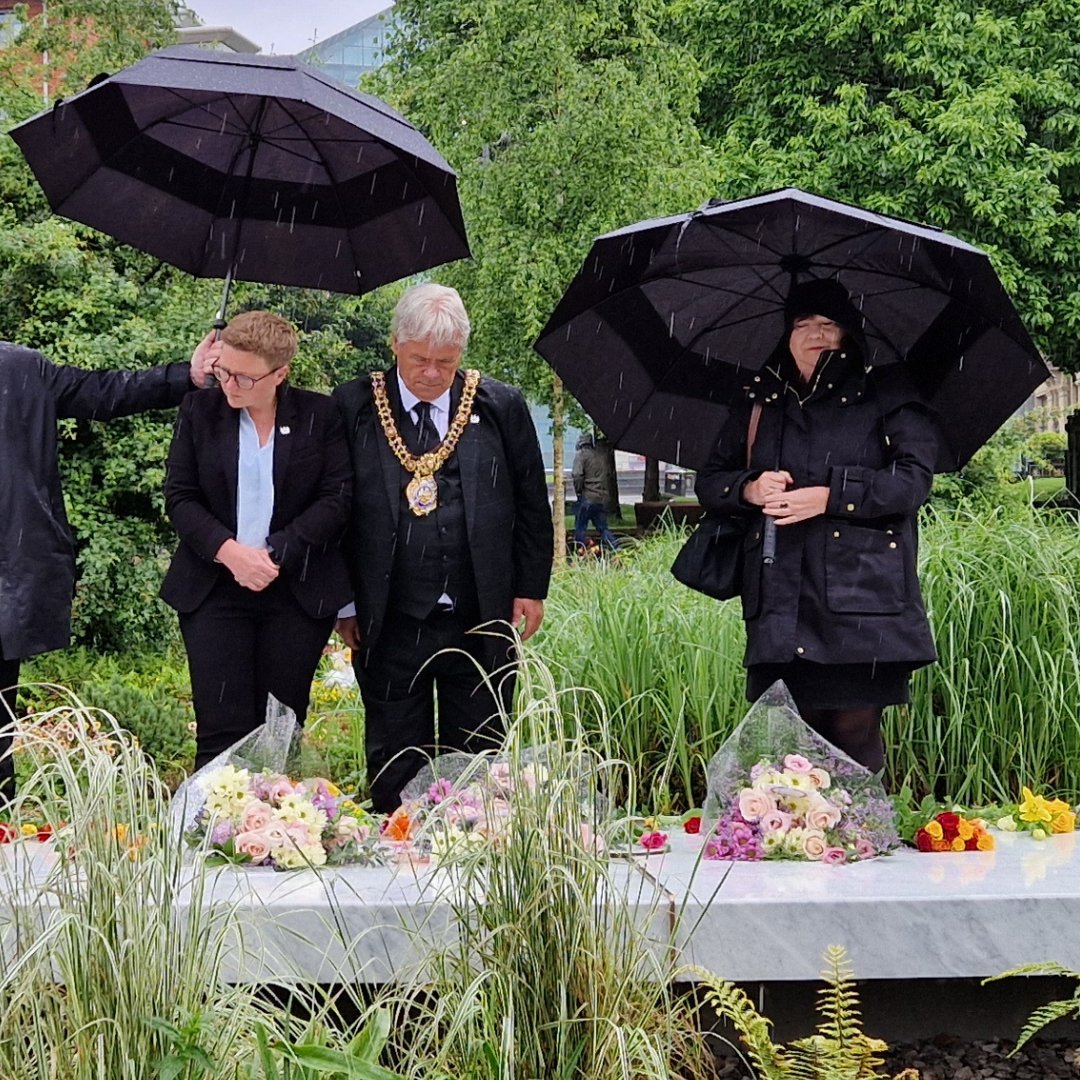 The Lord Mayor of Manchester, Leader of the Council and Chief Executive have laid flowers at the Glade of Light memorial this afternoon in memory of all those killed, injured or affected by the attack on this day in 2017.
