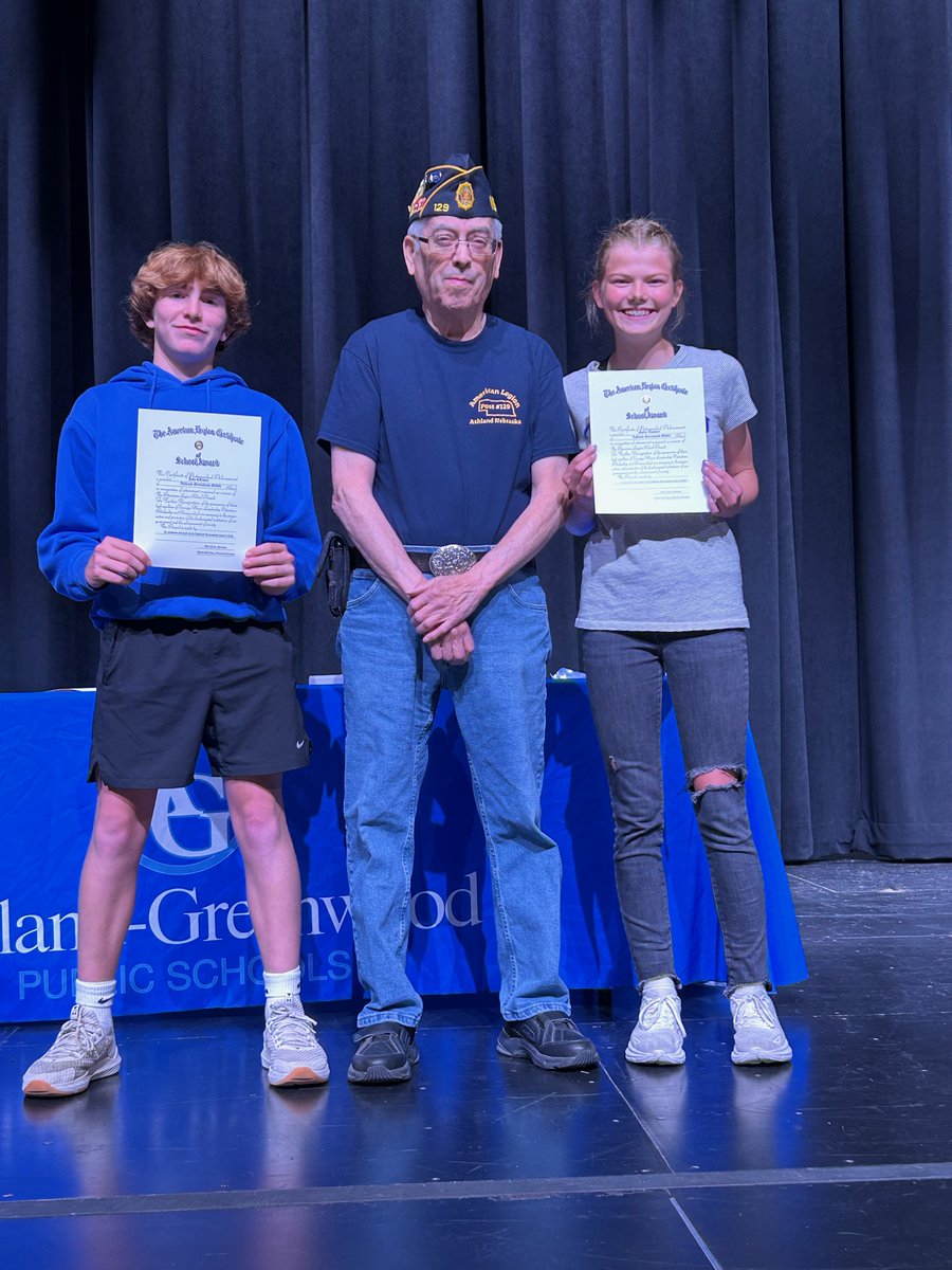 GoBluejays1's tweet photo. The American Legion Outstanding 8th Grade Boy and Girl has been awarded at AGMS since 1952. It is the longest running award given at AGPS!  This year's recipients are Mollie Lambert and Jake Cormier. Jim Sanders from Ashland American Legion presented the award.  Congratulations! https://t.co/jSL5pgf2Da