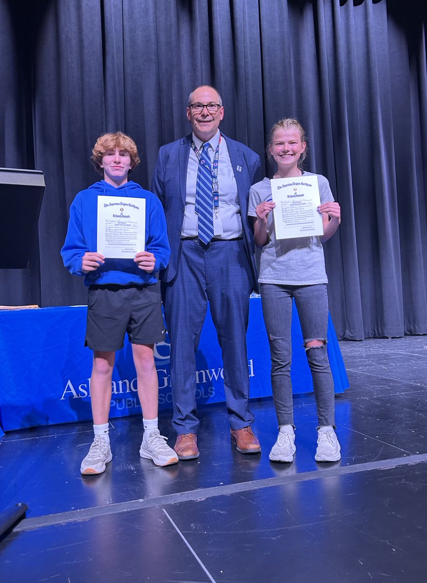 The American Legion Outstanding 8th Grade Boy and Girl has been awarded at AGMS since 1952. It is the longest running award given at AGPS! This year's recipients are Mollie Lambert and Jake Cormier. Jim Sanders from Ashland American Legion presented the award. Congratulations!