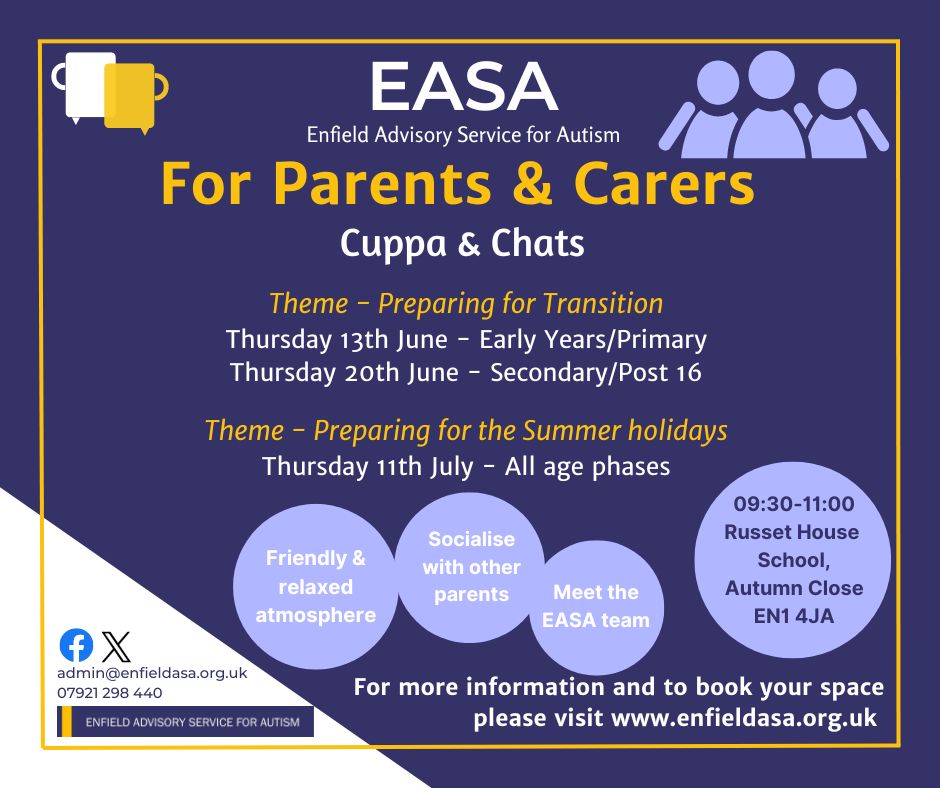 To all parents/carers, please see below for our next themed Cuppa and Chat sessions in June and July.
We look forward to seeing you there ☕

Visit our website to book your place.
enfieldasa.org.uk