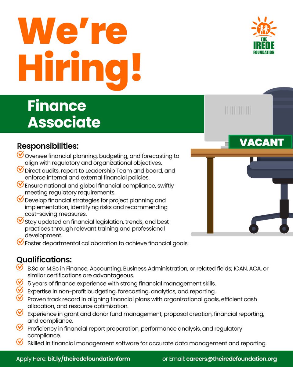 VACANCY! VACANCY!! VACANCY!!!

We are currently hiring for the role of Finance Associate. 

Do you have what it takes to take on this role? Apply via: bit.ly/TIFapplication…

#TheIREDEFoundation #jobvacancy #vacancy #disabilityadvocate #disabilityawareness #ngo