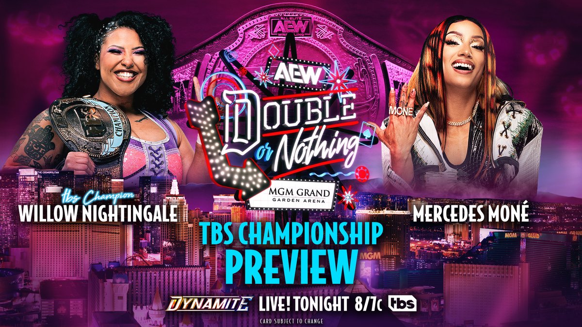 Watch #AEWDynamite TONIGHT! We'll have a preview of Sunday’s #AEWDoN TBS Title Match LIVE on PPV, between Champion @willowwrestles and challenger, making her in-ring debut, #theCEO @MercedesVarnado!