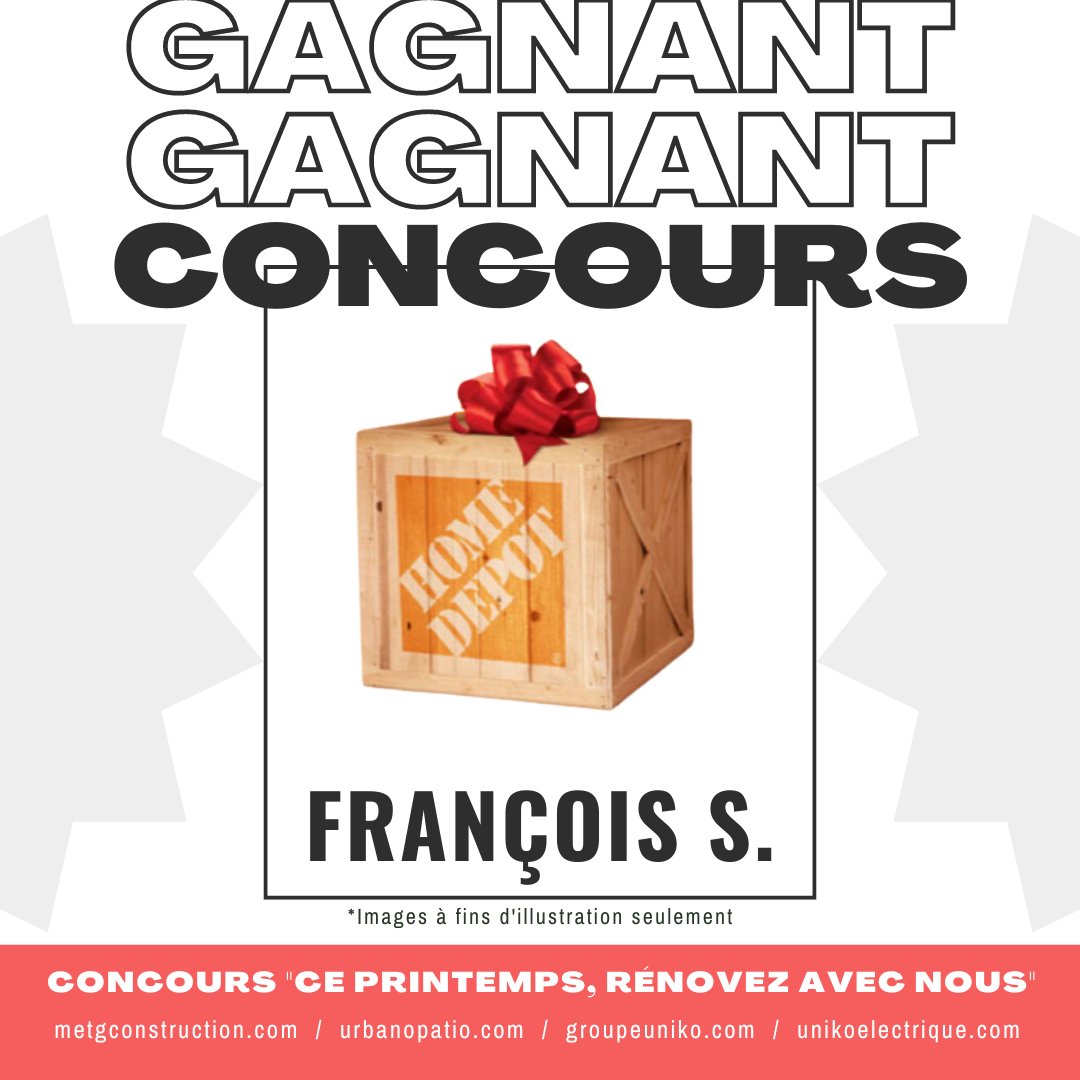 MEtGConstructio's tweet photo. Nous sommes ravis de vous annoncer la personne gagnante de notre Concours "Ce printemps, rénovez avec nous" de M&amp;G Construction Restauration, Urbano Patio, Uniko Construction et Uniko Électrique. Félicitations à François S. pour avoir remporté ce concours. #printemps #Gagnant https://t.co/2SrNFtpzfe