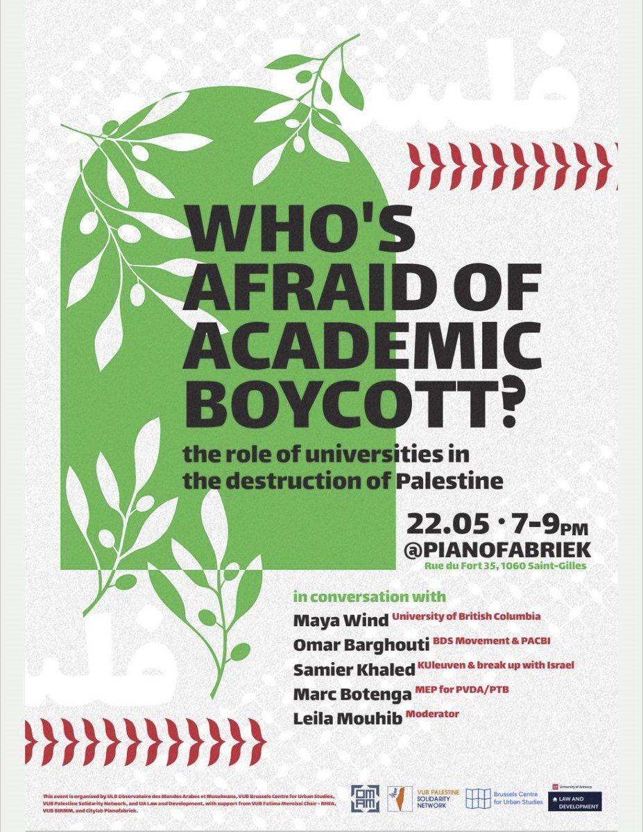 To celebrate the historic wins across Belgian universities and to discuss how we continue to organize for full academic boycott, please join us for this great panel in Brussels this evening!