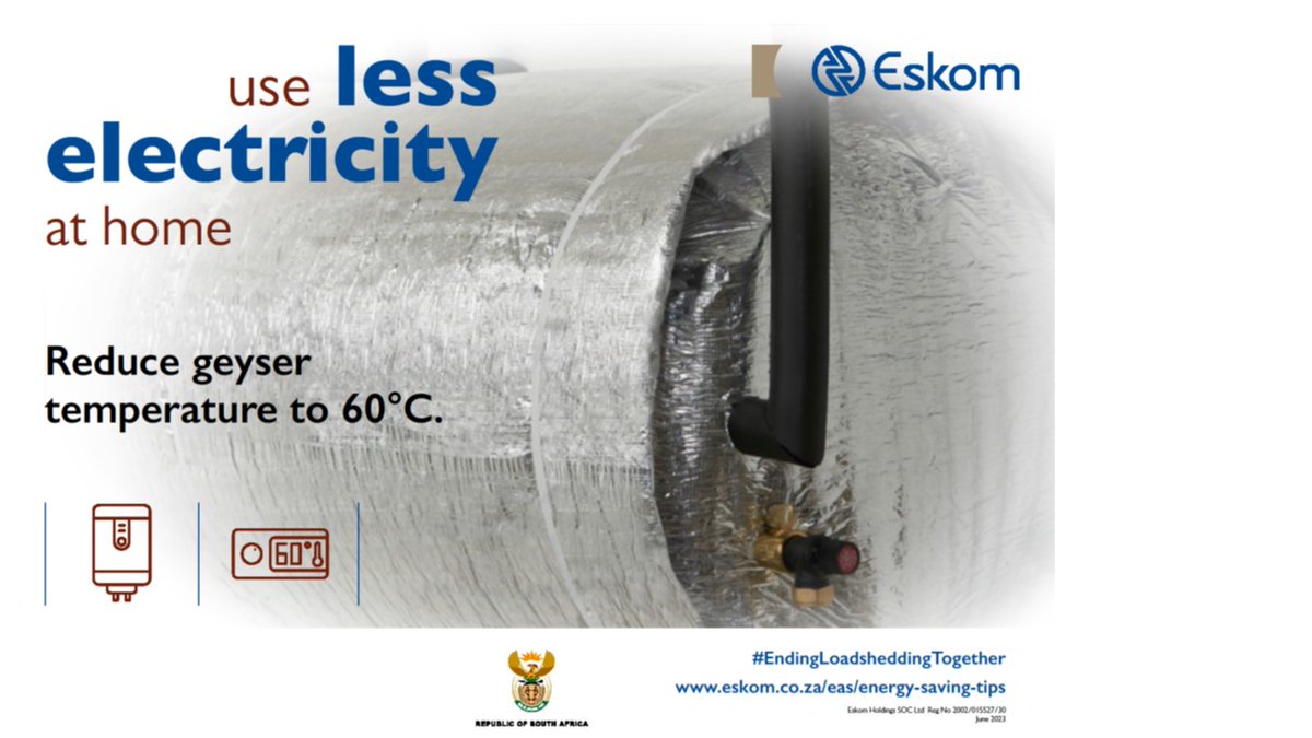 Check your geyser temperature and keep it at 60⁰C and save money on your electricity bill.
#EndingLoadsheddingTogether #NationalEnergyMonth