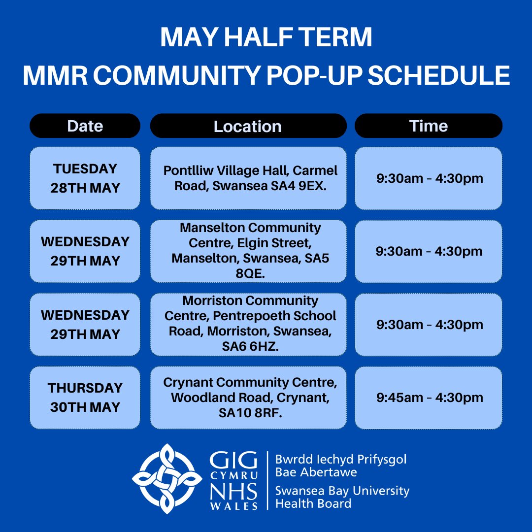 ☀ This May half term, our Immunisation and School Nursing Team will be visiting local communities offering MMR vaccination catch-up sessions. You can find out more about the MMR vaccination offering, by following this link to our website - sbuhb.nhs.wales/vaccinations-i…