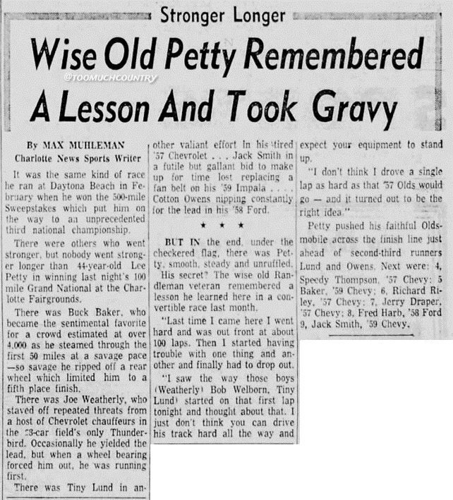 May 22, 1959: Lee Petty wins over former - and future - Petty teammate, Tiny Lund at Southern States Fairgrounds in Charlotte. #Petty75