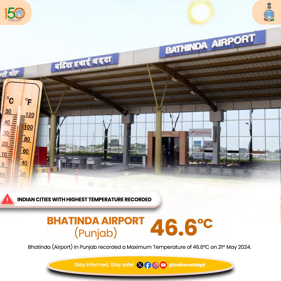 Bhatinda (Airport) in Punjab recorded a Maximum Temperature of 46.6°C on 21st May 2024. #heatwave #heatwavealert #weatherupdate #bathindaairport #punjab #punjabweather @moesgoi @DDNewslive @ndmaindia @airnewsalerts