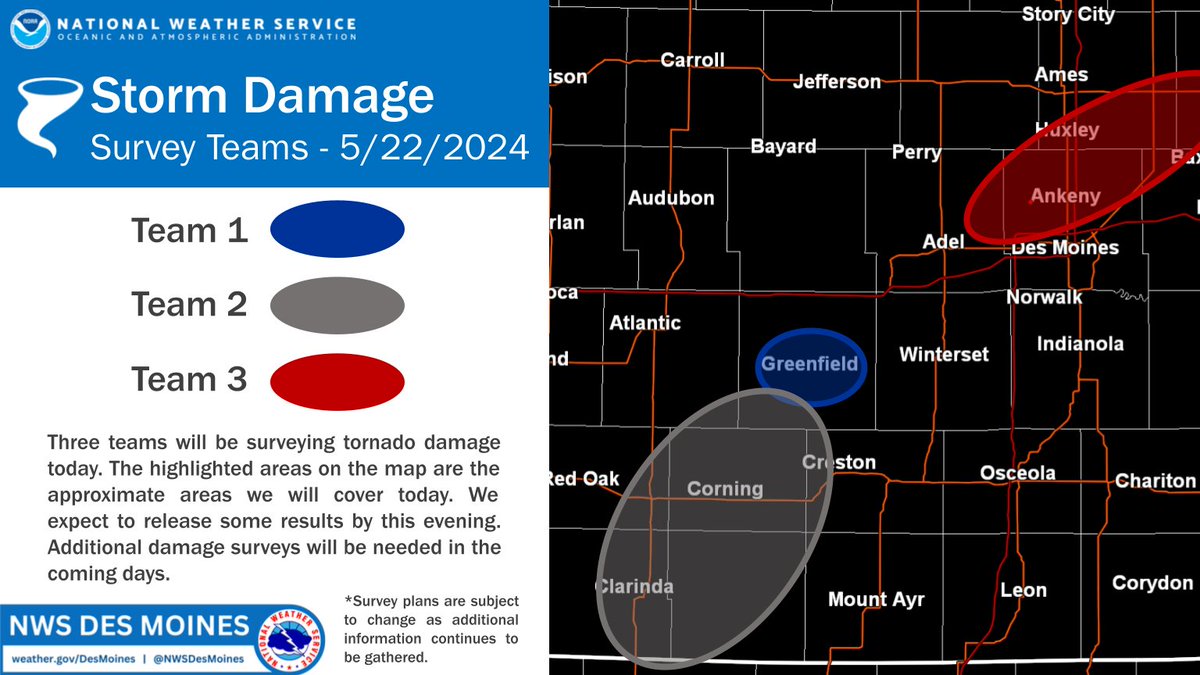 NWSDesMoines's tweet photo. Reminder, 3 survey teams are out in the field today.

Please be sure to give them (and first responders and recovery efforts) space.

We will post additional information is assessed and as we are able to. Thank you for your patience and understanding. #iawx https://t.co/MwxgT8jith