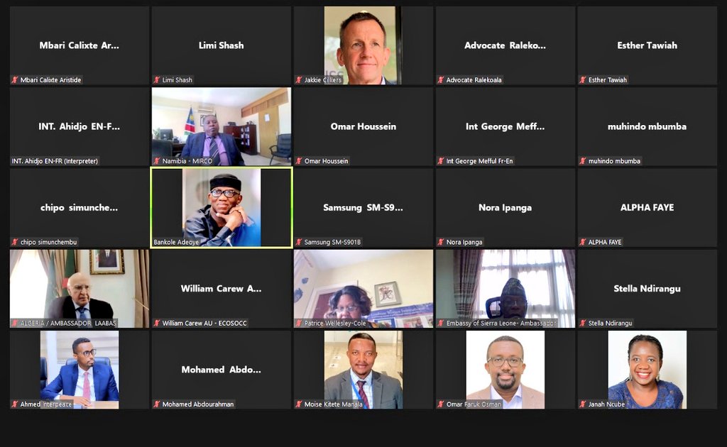 AUC_PAPS's tweet photo. HAPPENING NOW⏳️

A virtual consultation 🖥👥 between Commissioner @Bankole_Adeoye &amp; African CSOs, on #CommonAfricanPosition on UN Security Council Reforms, organised by @AUC_PAPS &amp; the @_AfricanUnion Committee of Ten (C-10) coordinated by #SierraLeone.

#EzulwiniConsensus https://t.co/3SoMKGAX0g