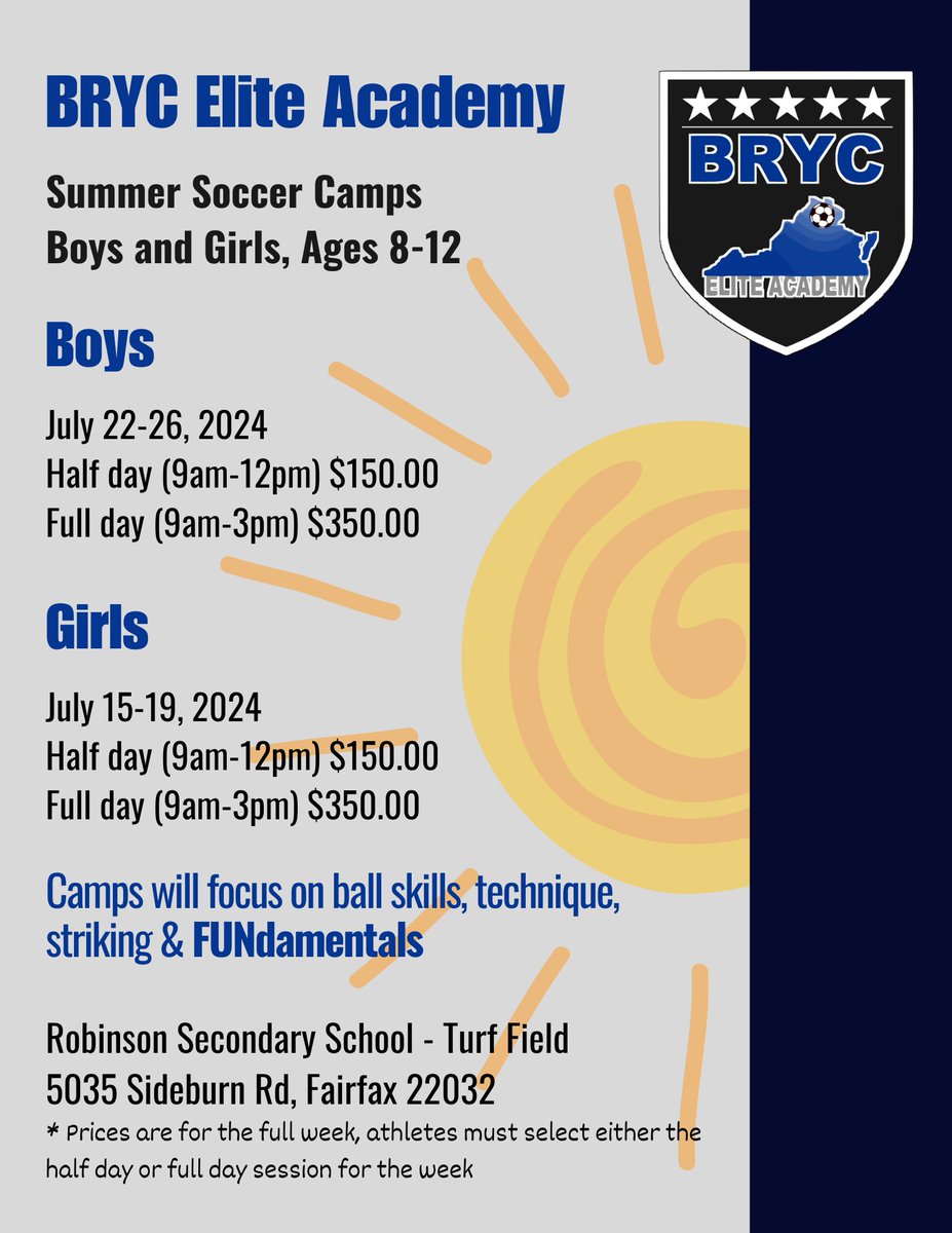 BRYC has summer ☀️ of soccer ⚽️ planned! Join us for skills camp for young players ages 8-12 years old. Camps held at Robinson HS Upper Field. Keep those skills sharp! Join us for July Summer Soccer with BRYC! ⚽️ 🌞 ❤️
#BRYC #SummerSkills
