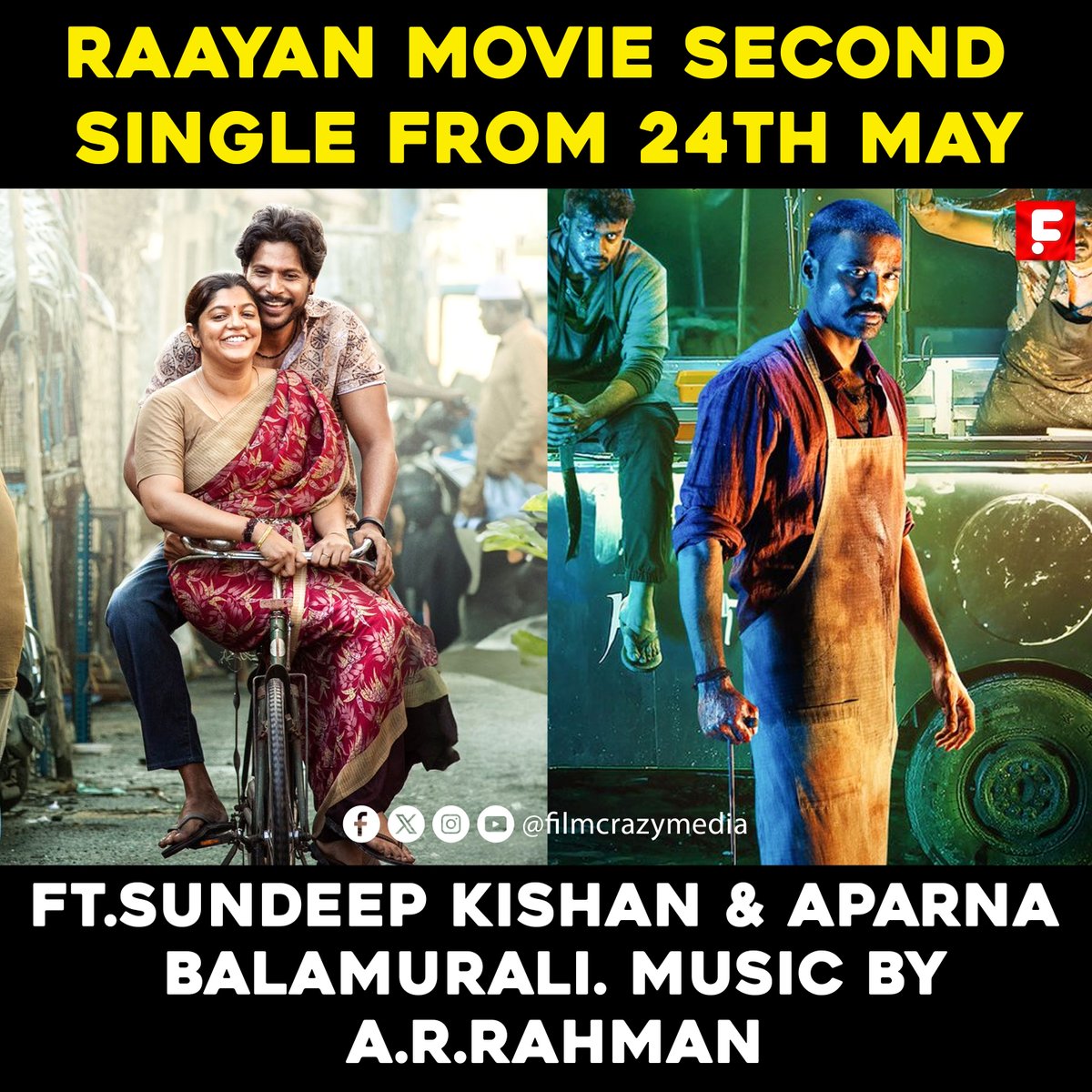 #RaayanSecondSingle 👍

A #Dhanush Directorial
An #ARRahman Musical 🥁

#Raayan in cinemas from 13 June 2024 💥