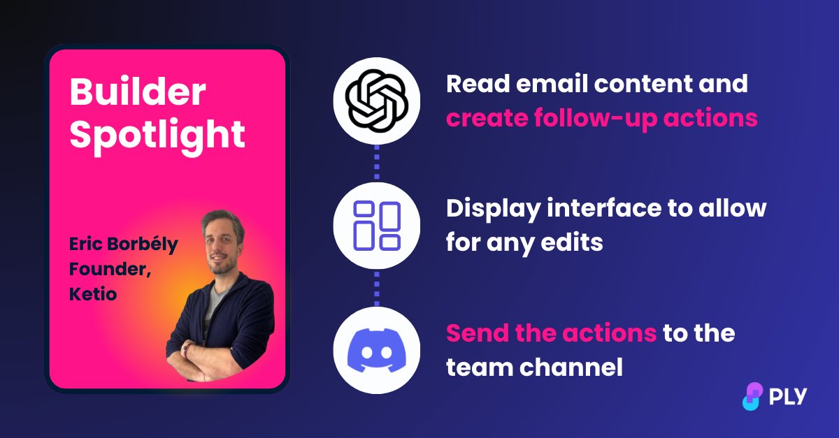 Builder spotlight 👷

Eric Borbély, Founder of Ketio, built an AI feature for Gmail that extracts follow up actions and sends them to his team. Great work!

See details in the image below (or his full post and video in French here: bit.ly/4dNEsRn)