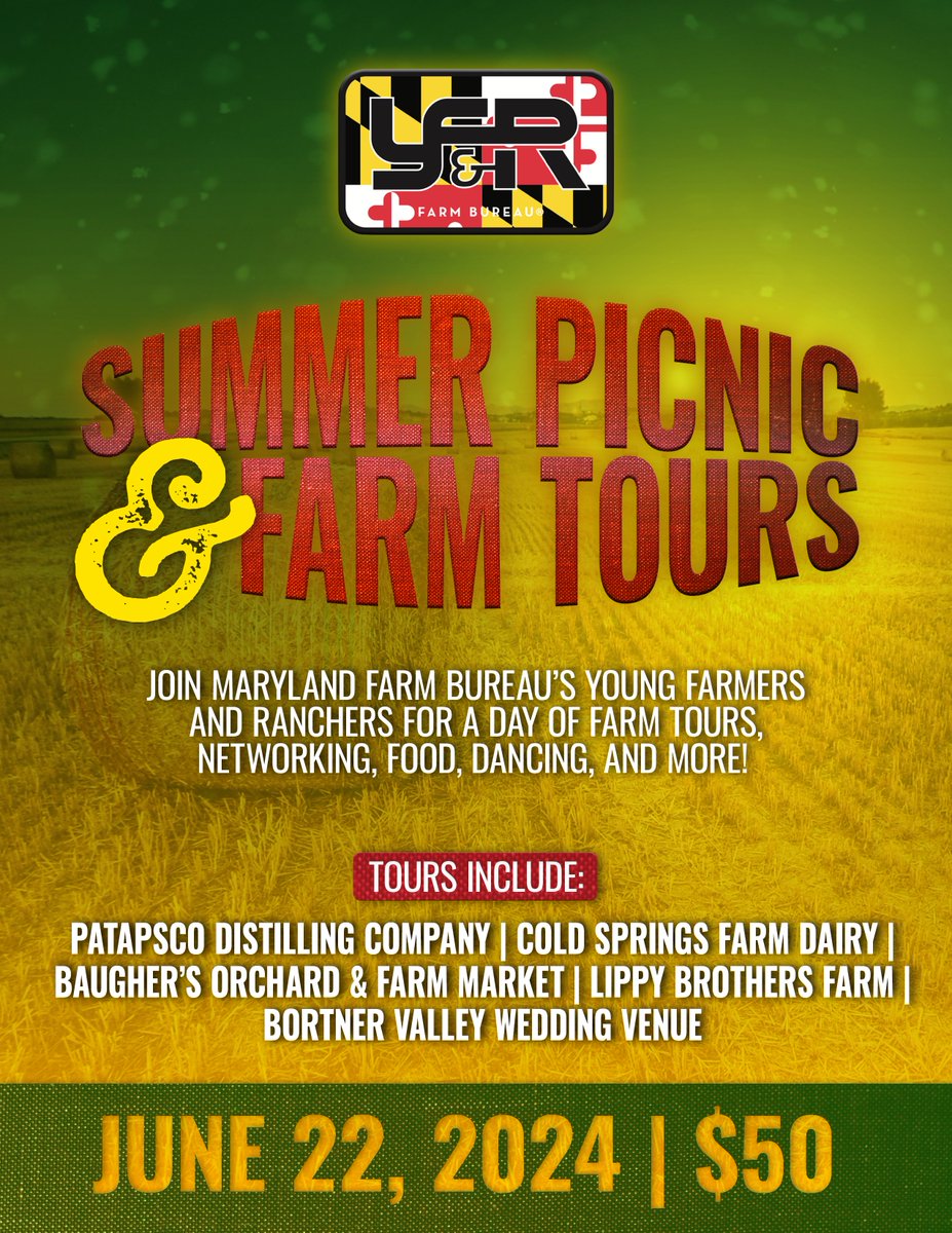 Calling all Young Farmers and Ranchers – join us on June 22nd for a day of farms, food, friends and fun. You don't want to miss this! mdfarmbureau.com/young-farmers/