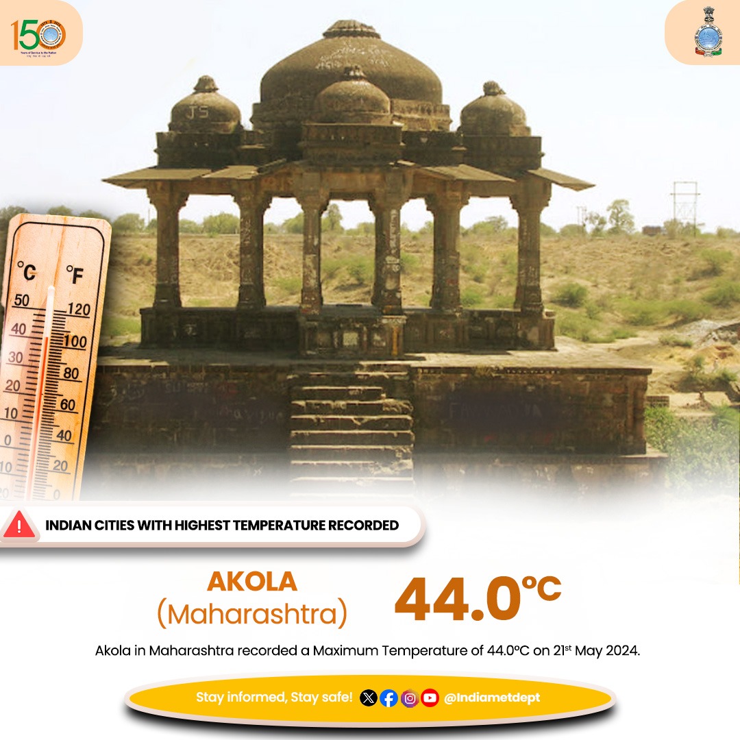 Akola in Maharashtra recorded a Maximum Temperature of 44.0°C on 21st May 2024. #heatwave #heatwavealert #weatherupdate #akola #maharashtra #maharashtraweather @moesgoi @DDNewslive @ndmaindia @airnewsalerts