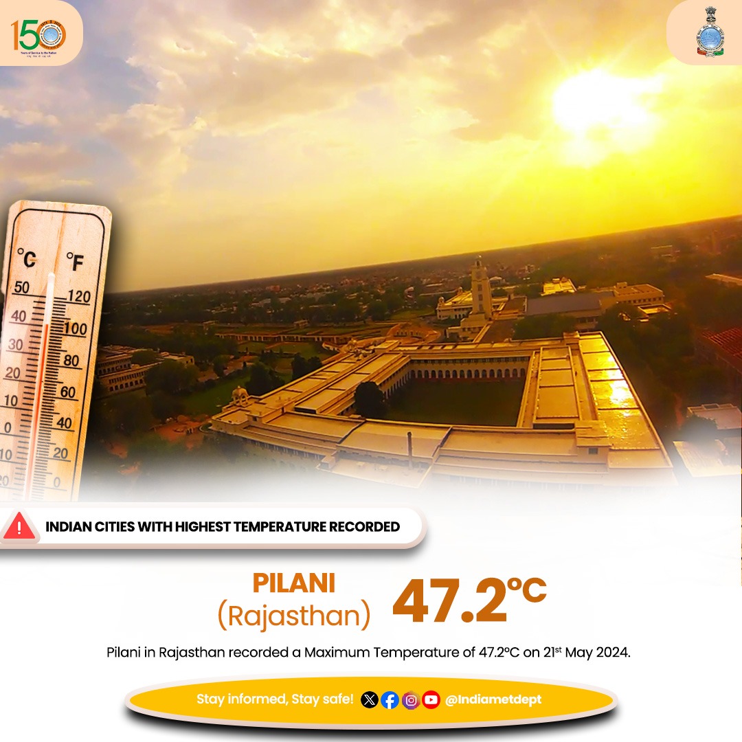 Pilani in Rajasthan recorded a Maximum Temperature of 47.2°C on 21st May 2024. #heatwave #heatwavealert #weatherupdate #pilani #rajasthan #rajasthanweather @moesgoi @DDNewslive @ndmaindia @airnewsalerts