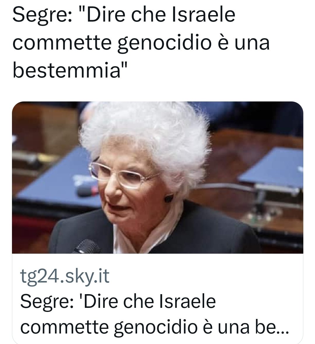 Mi dispiace per la senatrice Segre ma la sua posizione è assai deludente. Così si rende complice dei crimini di Netanyahu. Primo Levi e Natalia Ginzburg di fronte ai crimini di Sharon assunsero nette posizioni di condanna.

#stopgenocidio