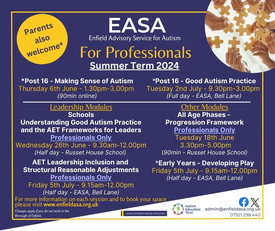 Lot's of AET training coming up for all Professionals.
Take a look and visit our website to book your place.
enfieldasa.org.uk