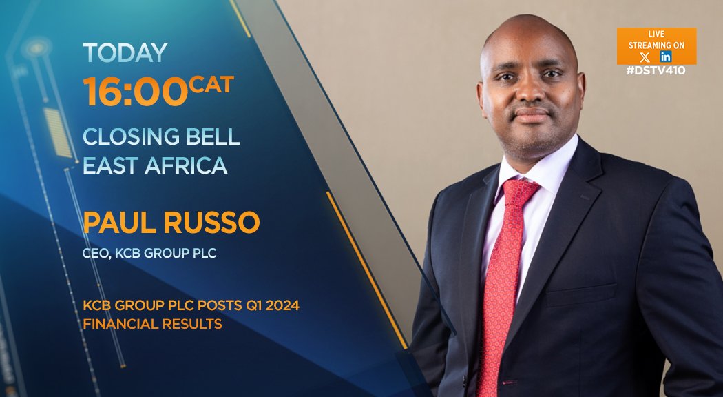 [WATCH] Today on #CBEA: KCB Group PLC posts Q1 2024 financial results. We're joined by Paul Russo, Group CEO @KCBGroup to discuss more. Tune into #DSTV410 at 16h00 CAT or watch the live stream on X.