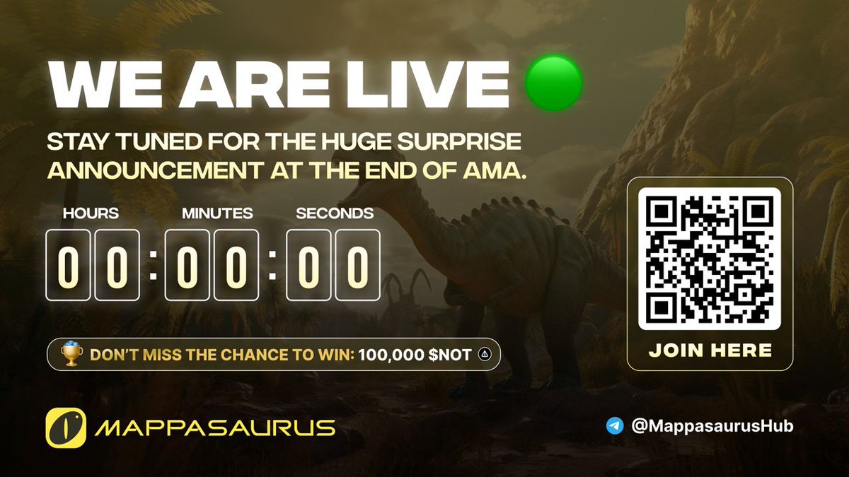 ✨ WE ARE LIVE! ✨

Join our AMA now : t.me/MappasaurusHub 

Ask your questions, and dont miss the chance to win 
💰 100,000 $NOT  and stay tuned for a HUGE surprise announcement at the end. 

#MappasaurusAMA #LiveNow #BigReveal #Notcoin #Ai