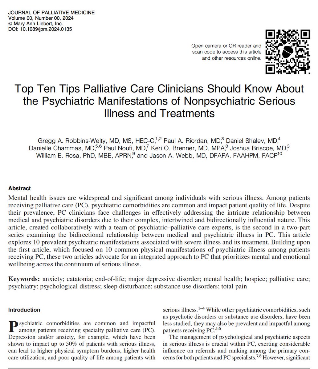 BillyRosaPhD's tweet photo. 🌟Thanks @GreggWeltyMD for leading this @PalliativeMed_j #PalliativeCare specialists top ten on psych manifestations of non-psych serious illness &amp; treatment▶️so important we are all prepared to assess &amp; respond with competence &amp; consistency🔗:https://t.co/EF2ZLsHmTP https://t.co/FiLqyVxCJA